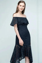 Tea Length Black Mermaid Off-shoulder Lace Prom Dresses by misshow.com