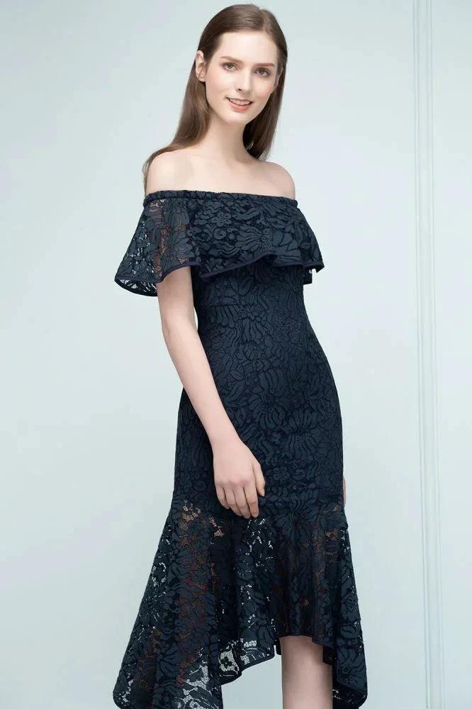 Tea Length Black Mermaid Off-shoulder Lace Prom Dresses by misshow.com