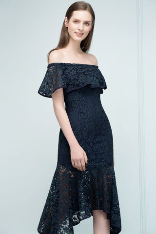 Vestidos de fiesta de encaje con hombros descubiertos, corte sirena, color negro, hasta la rodilla