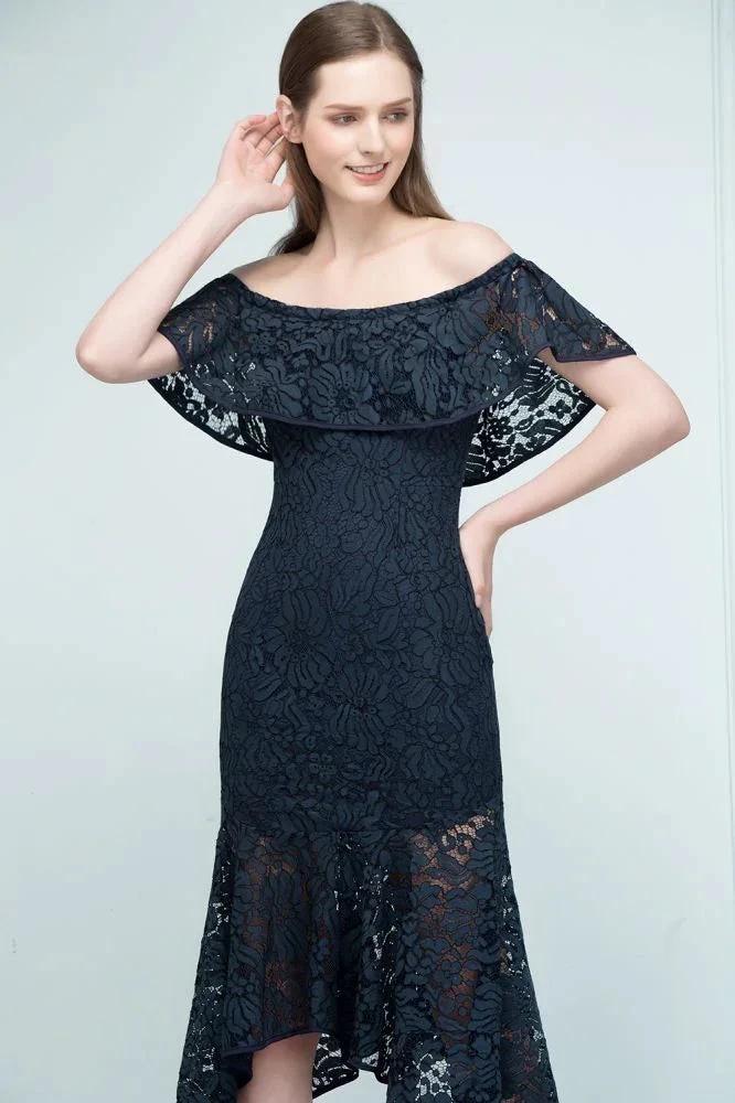Tea Length Black Mermaid Off-shoulder Lace Prom Dresses by misshow.com