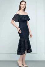Tea Length Black Mermaid Off-shoulder Lace Prom Dresses by misshow.com