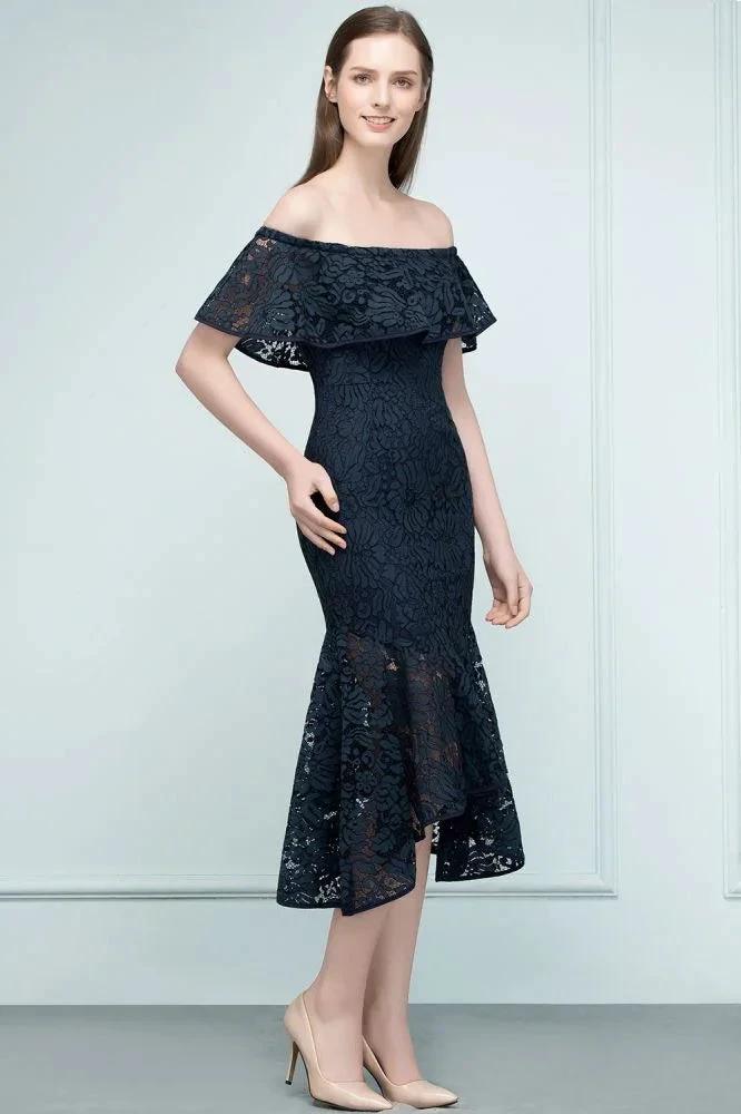 Tea Length Black Mermaid Off-shoulder Lace Prom Dresses by misshow.com
