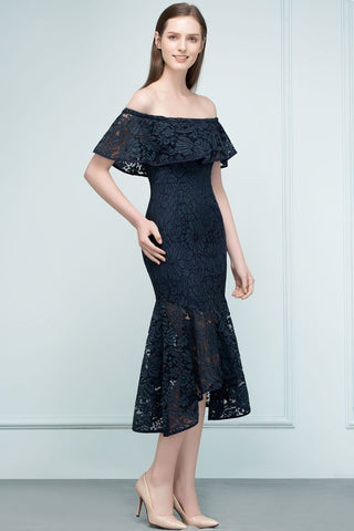 Vestidos de fiesta de encaje con hombros descubiertos, corte sirena, color negro, hasta la rodilla