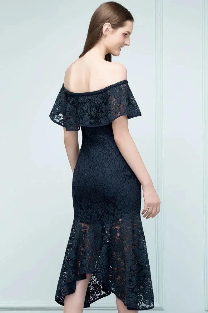 Tea Length Black Mermaid Off-shoulder Lace Prom Dresses by misshow.com
