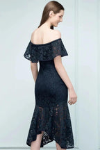 Tea Length Black Mermaid Off-shoulder Lace Prom Dresses by misshow.com