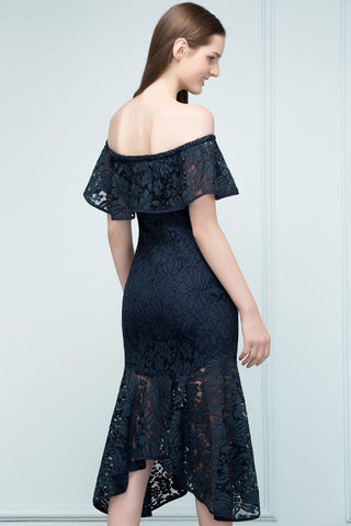 Vestidos de fiesta de encaje con hombros descubiertos, corte sirena, color negro, hasta la rodilla
