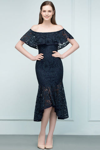 Vestidos de fiesta de encaje con hombros descubiertos, corte sirena, color negro, hasta la rodilla