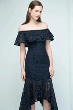 Tea Length Black Mermaid Off-shoulder Lace Prom Dresses by misshow.com