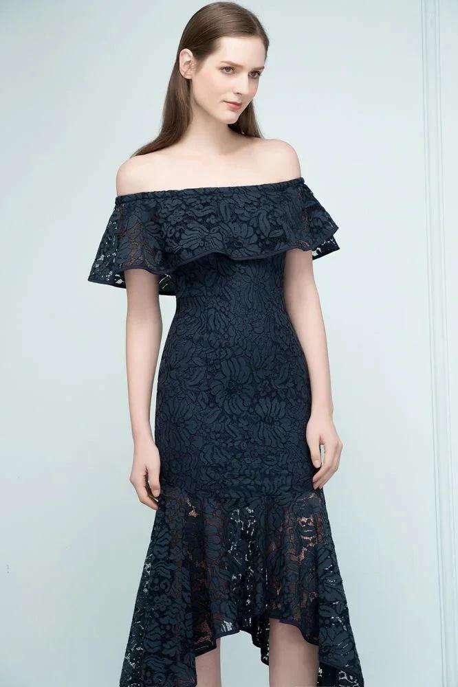 Tea Length Black Mermaid Off-shoulder Lace Prom Dresses by misshow.com