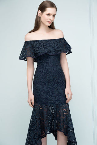 Vestidos de fiesta de encaje con hombros descubiertos, corte sirena, color negro, hasta la rodilla