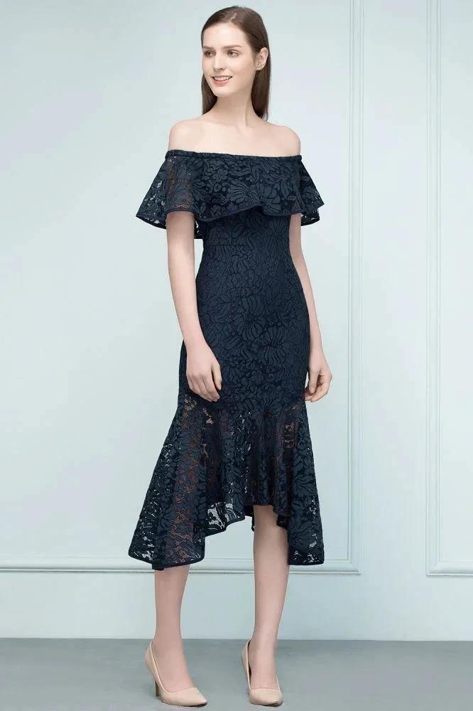 Tea Length Black Mermaid Off-shoulder Lace Prom Dresses by misshow.com