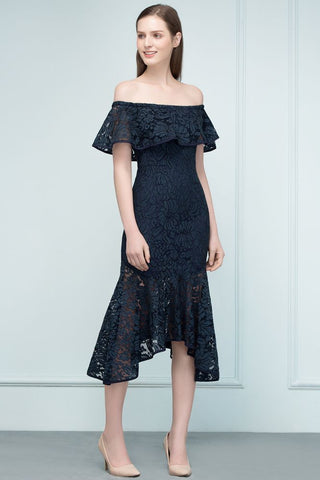 Vestidos de fiesta de encaje con hombros descubiertos, corte sirena, color negro, hasta la rodilla