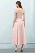 Tea Length Pink A-line Off-shoulder Prom Dresses with Sash by misshow.com