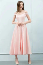 Tea Length Pink A-line Off-shoulder Prom Dresses with Sash by misshow.com