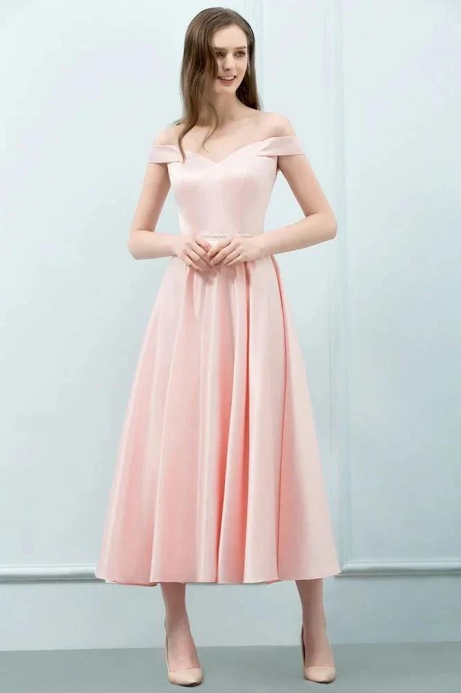 Tea Length Pink A-line Off-shoulder Prom Dresses with Sash by misshow.com