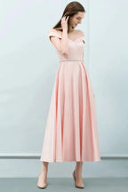 Tea Length Pink A-line Off-shoulder Prom Dresses with Sash by misshow.com