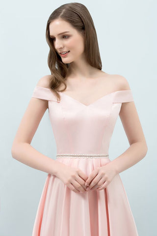 Vestidos de fiesta rosas de corte A, con hombros descubiertos y faja, hasta la rodilla