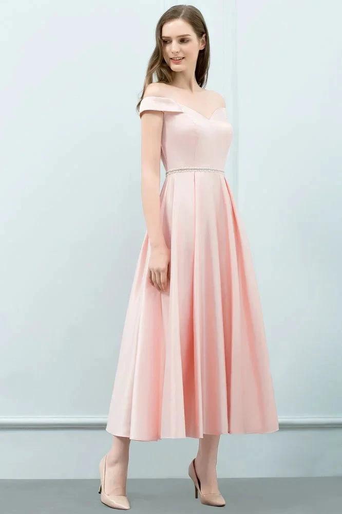 Tea Length Pink A-line Off-shoulder Prom Dresses with Sash by misshow.com