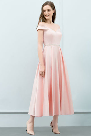 Vestidos de fiesta rosas de corte A, con hombros descubiertos y faja, hasta la rodilla