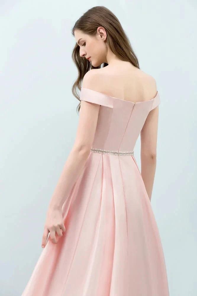 Tea Length Pink A-line Off-shoulder Prom Dresses with Sash by misshow.com