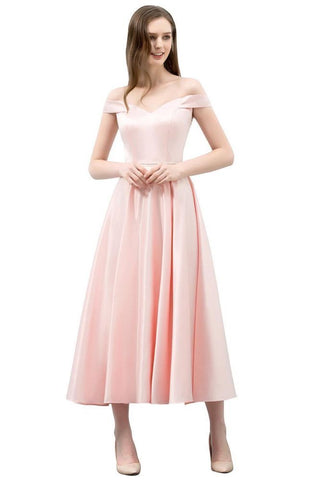 Vestidos de fiesta rosas de corte A, con hombros descubiertos y faja, hasta la rodilla