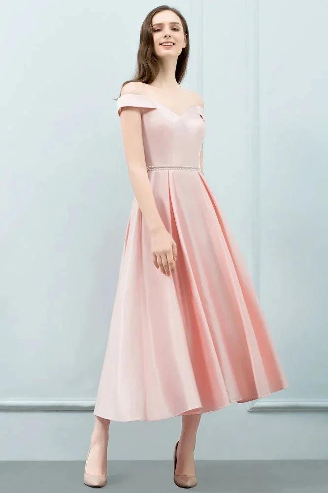 Tea Length Pink A-line Off-shoulder Prom Dresses with Sash by misshow.com