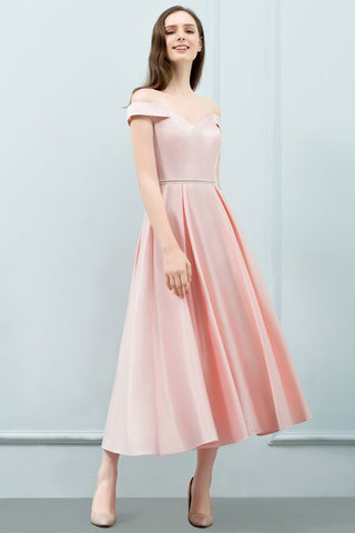 Vestidos de fiesta rosas de corte A, con hombros descubiertos y faja, hasta la rodilla