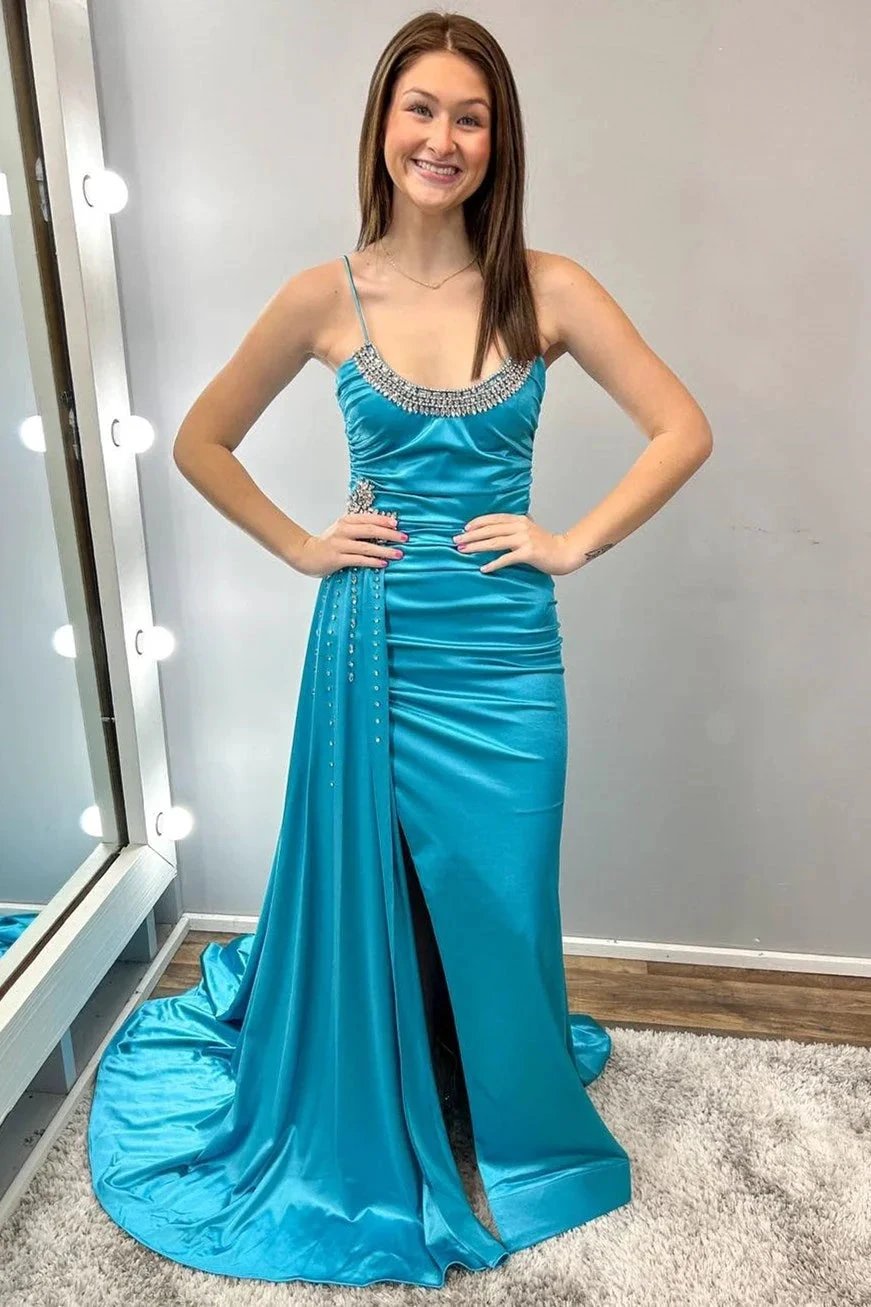 Earl | Teal Beaded Spaghetti Strap Long Gown with Attached Train by KissProm