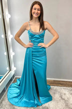 Earl | Teal Beaded Spaghetti Strap Long Gown with Attached Train by KissProm