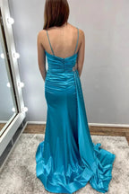 Earl | Teal Beaded Spaghetti Strap Long Gown with Attached Train by KissProm