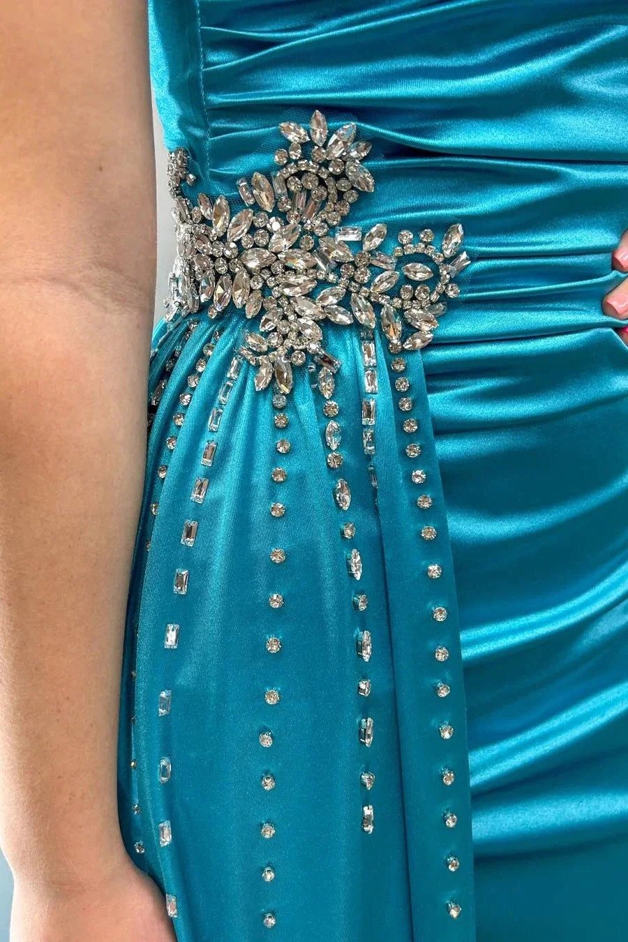 Earl | Teal Beaded Spaghetti Strap Long Gown with Attached Train by KissProm