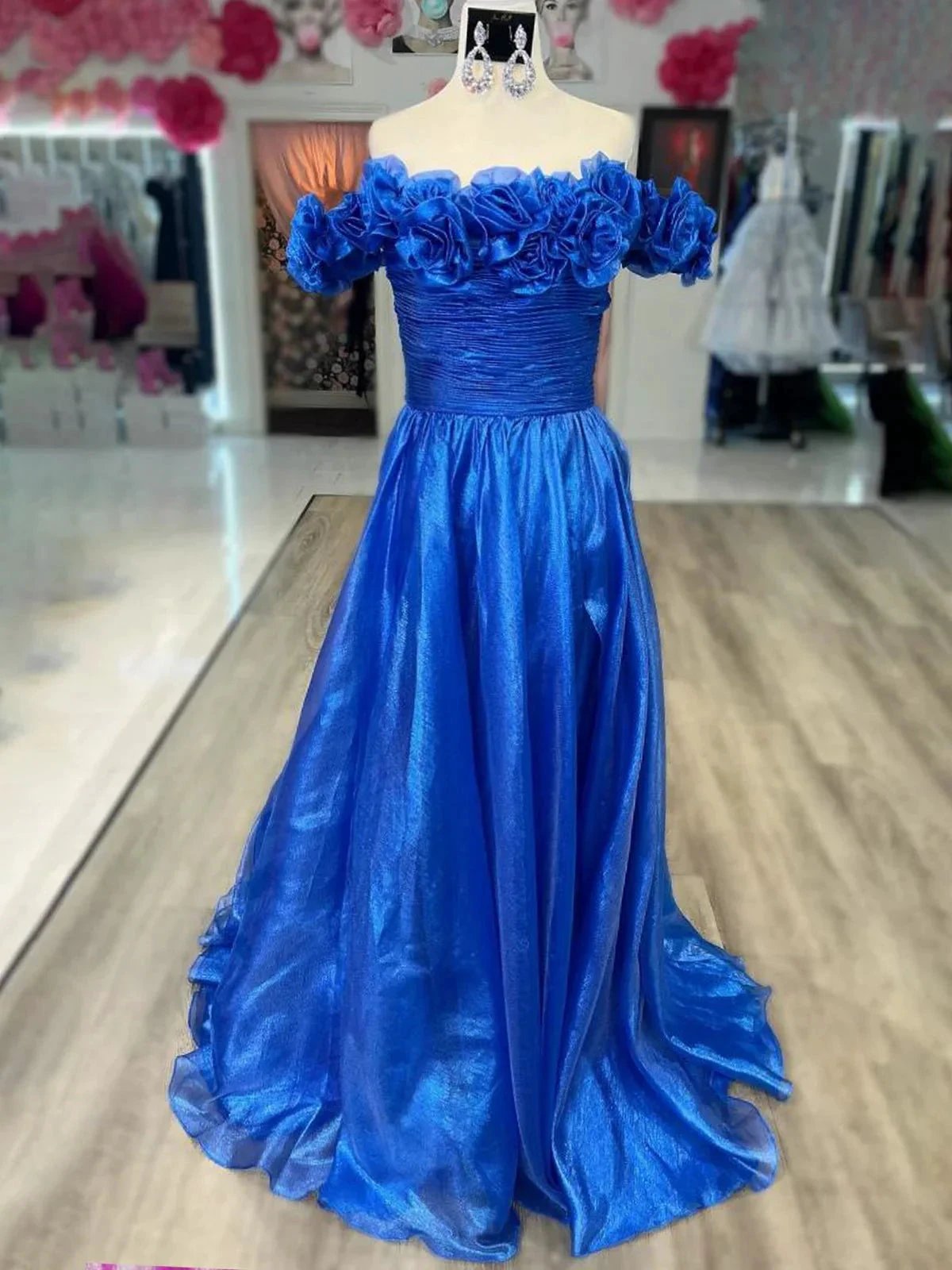 Teodora | Royal Blue Off the Shoulder A-Line Prom Dress with 3D Floral by KissProm