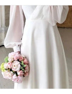 Reception Little White Dresses Wedding Dresses A-Line V Neck Long Sleeve Ankle Length Chiffon Bridal Gowns With Solid Color by Aabei