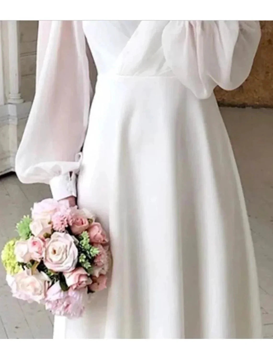 Reception Little White Dresses Wedding Dresses A-Line V Neck Long Sleeve Ankle Length Chiffon Bridal Gowns With Solid Color by Aabei