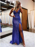Mermaid Trumpet Prom Dresses Sparkle Shine Dress Formal Wedding Party Sweep Brush Train Sleeveless V Neck Sequined Backless with Glitter Sequin by Aabei