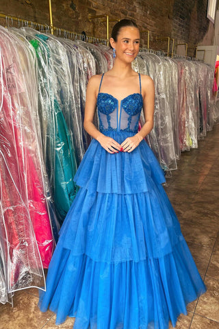 Vestido de fiesta largo con corsé bordado con lentejuelas y volantes escalonados