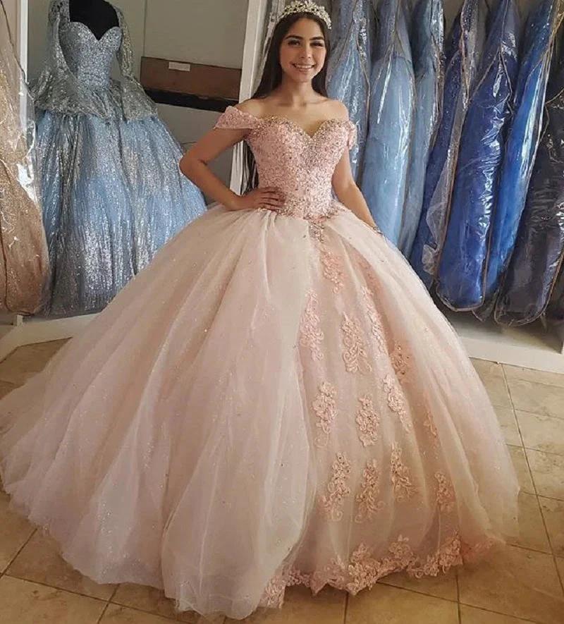 Blush Pink Puffy Sweet 16 Off Shoulder Ball Gowns Sixteen Beaded Crystal Light Pink Tulle Quinceanera Dress Princess Prom Dresses S27021 by simplepromdress