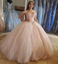 Blush Pink Puffy Sweet 16 Off Shoulder Ball Gowns Sixteen Beaded Crystal Light Pink Tulle Quinceanera Dress Princess Prom Dresses S27021 by simplepromdress