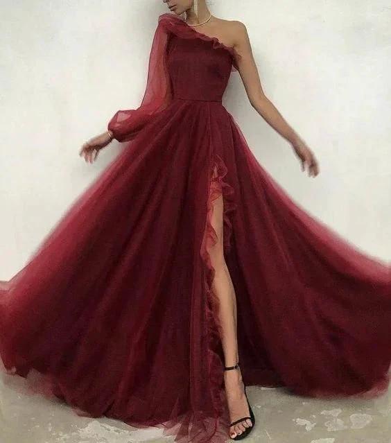 Burgundy tulle prom dress one shoulder evening dress S17925 by simplepromdress