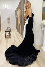 Thyra | Black Spaghetti Straps Bow-Back Velvet Long Dress by KissProm