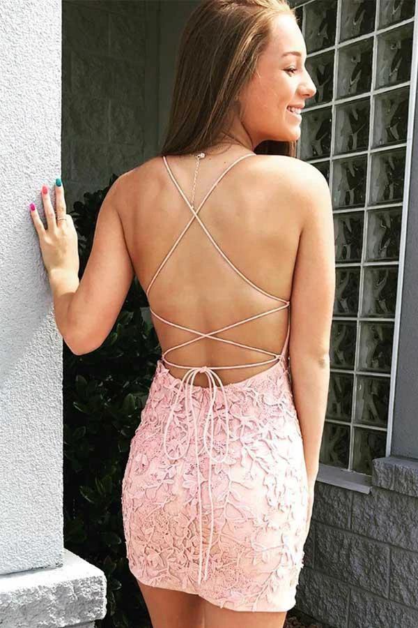 Tie Back Appliqued Sheath Pink Short Prom Dress Homecoming Dress PD327 by pgmdress