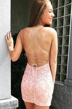 Tie Back Appliqued Sheath Pink Short Prom Dress Homecoming Dress PD327 by pgmdress