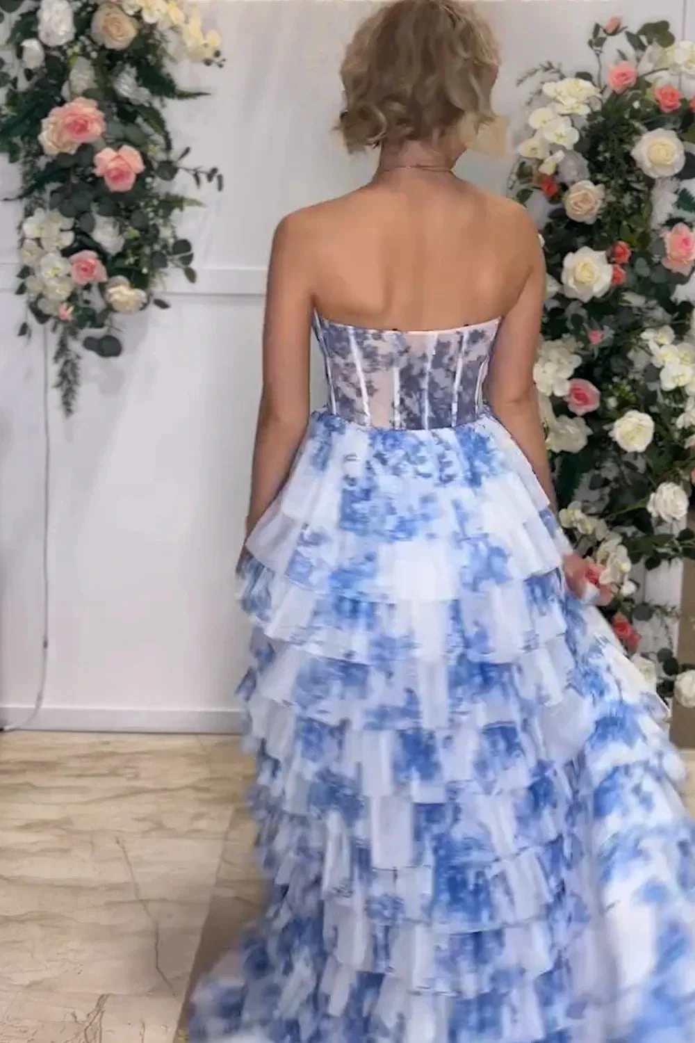 Tien | Blue Floral Printed Sweetheart Chiffon Tiered A-Line Long Corset Prom Dress by KissProm