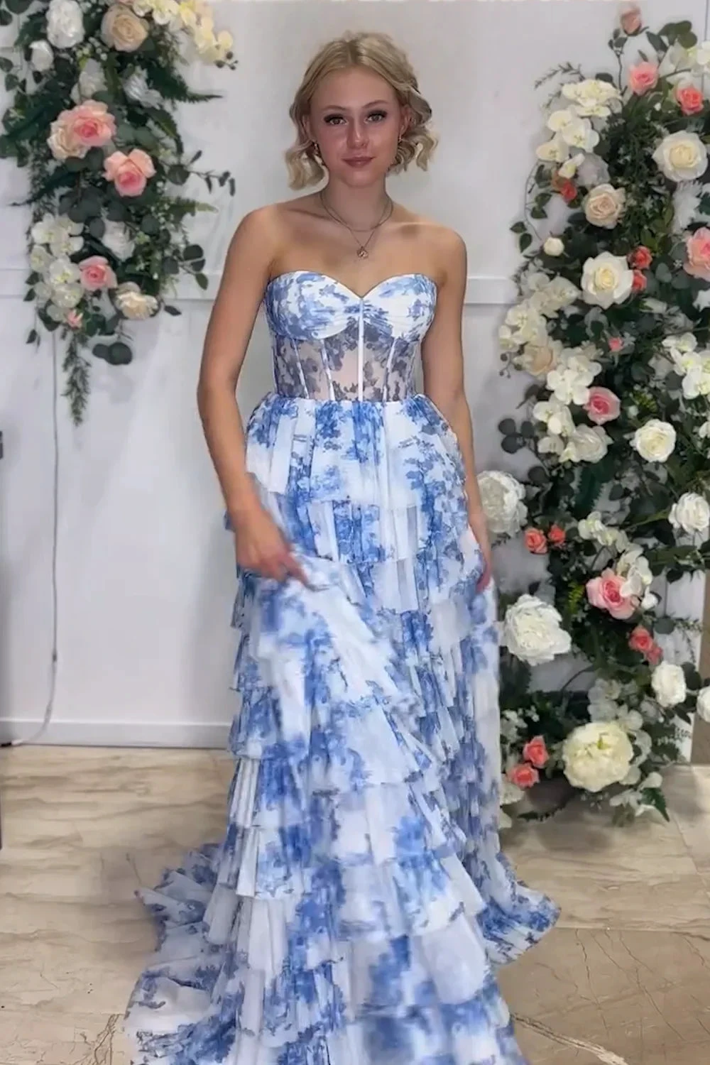 Tien | Blue Floral Printed Sweetheart Chiffon Tiered A-Line Long Corset Prom Dress by KissProm