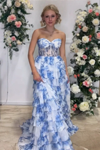 Tien | Blue Floral Printed Sweetheart Chiffon Tiered A-Line Long Corset Prom Dress by KissProm