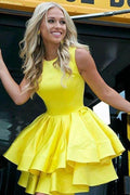 Tiered Skirt Yellow Homecoming Dresses Short Prom Dress Satin Prom Gown PD372 by pgmdress