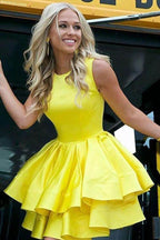 Tiered Skirt Yellow Homecoming Dresses Short Prom Dress Satin Prom Gown PD372 by pgmdress