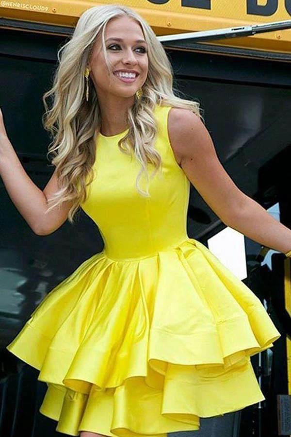Tiered Skirt Yellow Homecoming Dresses Short Prom Dress Satin Prom Gown PD372 by pgmdress