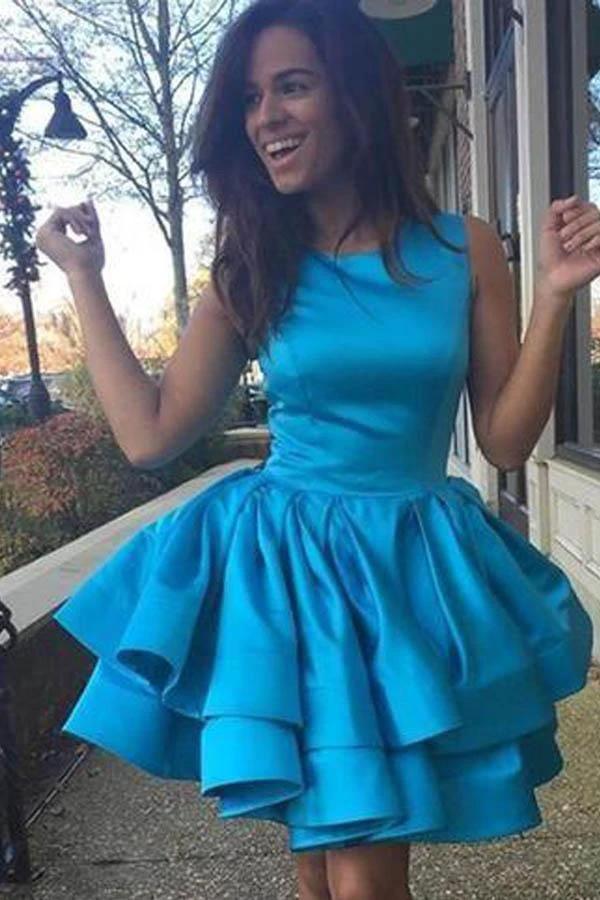Tiered Skirt Yellow Homecoming Dresses Short Prom Dress Satin Prom Gown PD372 by pgmdress
