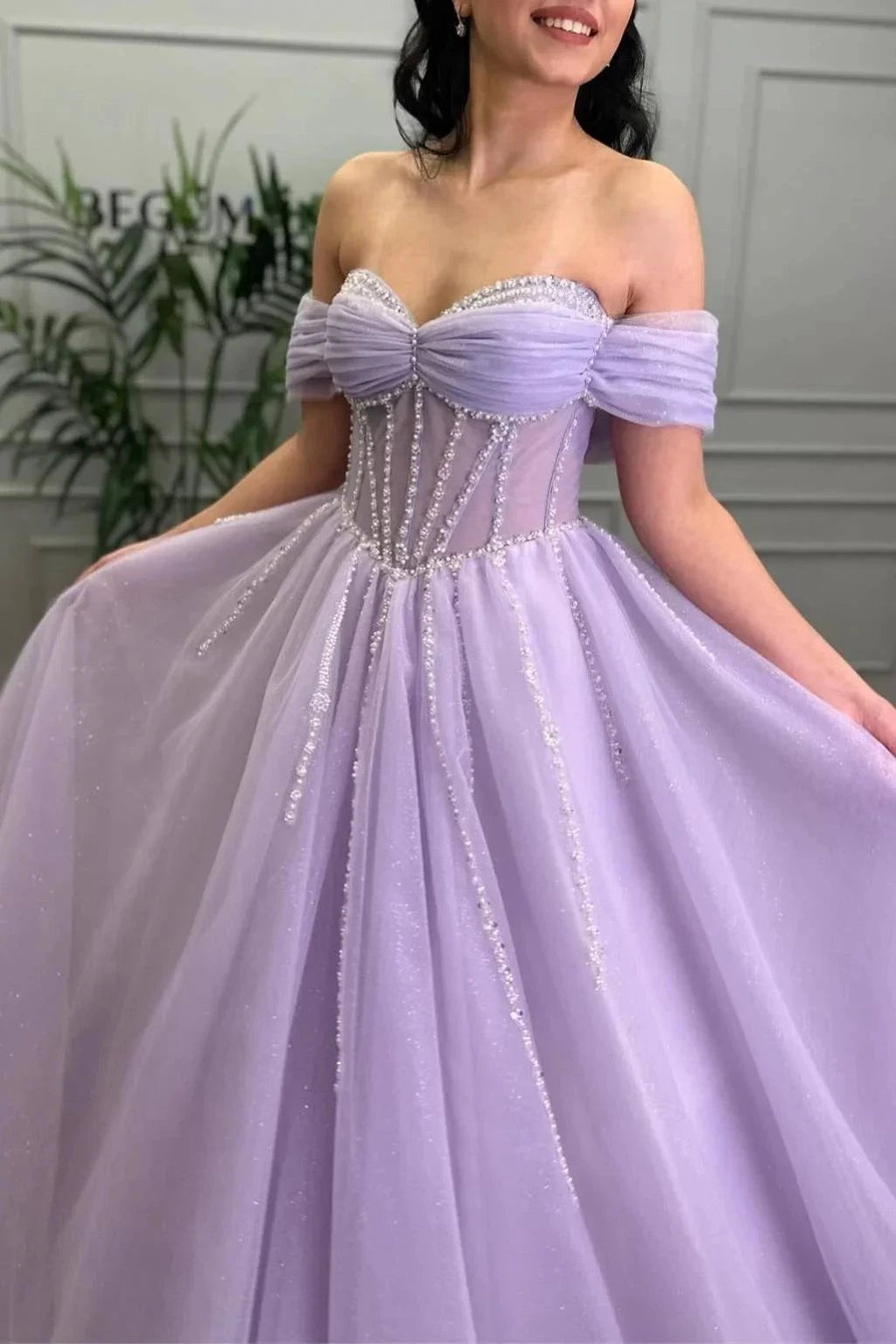 Tiffany | Lavender Beaded A-Line Tulle Prom Dress with Off Shoulder by KissProm
